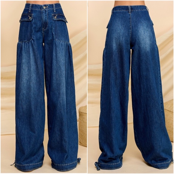 Dark Wash Pocket Wide Leg Ankle 2 way Wide leg Pants - Picture 2 of 8